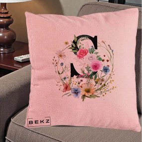 Cadou Personalizat - Perna Personalizata Monogram Litera S cu Flori Acuarela, 40x40 cm, Roz, Husa Detasabila, Perna Inclusa, BEKZ®