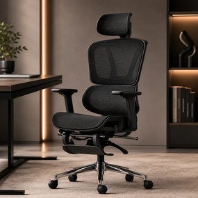 AERION – Scaun ergonomic, spătar ergonomic segmentat, suport lombar 3D, tetieră reglabilă, cotiere 3D, suport pentru picioare, înclinare până la 145°, bază metalică, Mesh, Negru
