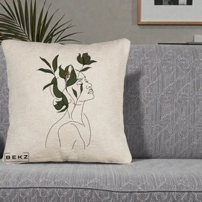 Perna Decorativa Portret Feminin Crin Verde, 40x40 cm, Bej Canapea, Husa Detasabila, Perna Inclusa, BEKZ®