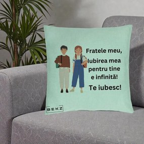 Cadou pentru Frate - Perna Personalizata Fratele Meu Te Iubesc Elevi Ilustratie Colorata, 40x40 cm, Verde Menta, Husa Detasabila, Perna Inclusa, BEKZ®