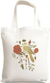 Sacosa de Panza pentru Cumparaturi, Geanta Tote, model Cantec Floral, 38x34.5 cm, Alba, BEKZ®