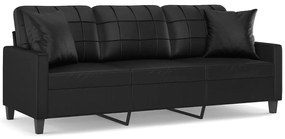 3200808 vidaXL Canapea cu 3 locuri cu pernuțe, negru, 180 cm, piele ecologică