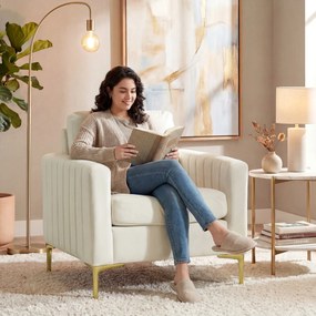 HOMCOM Fotoliu pentru living tapițat cu catifea căptușeală groasă șezut lat cotiere pernă 81x77x81 cm crem | Aosom Romania