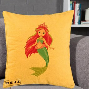 Perna Decorativa Sirena Roz cu Coroana, 40x40 cm, Galben, Husa Detasabila, Perna Inclusa, BEKZ®