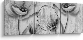 Tablou - Flori alb-negru pe fundal (cu ceas) (90x30 cm)