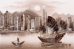 Tablou - Victoria Harbour, Hong Kong, efect sepia (90x60 cm)