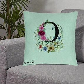 Cadou Personalizat - Perna Personalizata Monogram Litera O cu Flori Acuarela, 40x40 cm, Verde Menta, Husa Detasabila, Perna Inclusa, BEKZ®