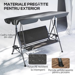 Outsunny Leagăn de Grădină 3 Locuri din Ratan PE cu Acoperiș Reglabil și Suporturi pentru Pahare, Leagăn de Exterior cu Cadru din Oțel, Capacitate 320 kg, 204x112x150 cm, Gri | Aosom Romania