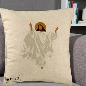 Perna Decorativa Iisus Hristos Invierea Silueta Minimalista, 40x40 cm, Bej, Husa Detasabila, Perna Inclusa, BEKZ®