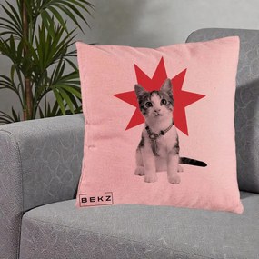 Perna Decorativa Pisica Star Pop Art, 40x40 cm, Roz, Husa Detasabila, Perna Inclusa, BEKZ®