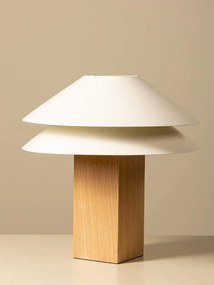 Lampă de masă din bumbac bej cu structură din furnir de stejar și metal cromat, abajur dublu, finisaj natural, 50×35 cm, „Doppia"