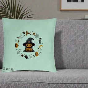 Perna Decorativa Halloween Dovleac Vrajitor Boo cu Simboluri, 40x40 cm, Verde Menta, Husa Detasabila, Perna Inclusa, BEKZ®