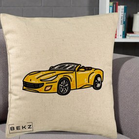Perna Personalizata Masina Cabriolet Galbena Grafic, 40x40 cm, Bej, Husa Detasabila, Perna Inclusa, BEKZ®