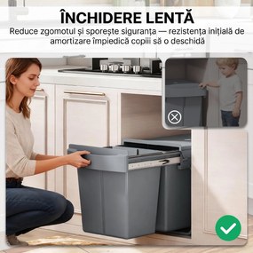 HOMCOM Coș de gunoi retractabil sub chiuvetă, 2 găleți de 20L, Gri | Aosom Romania