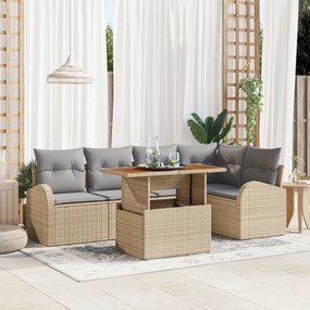 vidaXL Set de Masă Grădină cu 6 Piese și Pernă Bej Poli Ratan Acacia