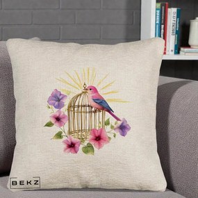 Perna Decorativa Pasare Roz pe Colivie Aurie cu Flori, 40x40 cm, Bej Canapea, Husa Detasabila, Perna Inclusa, BEKZ®