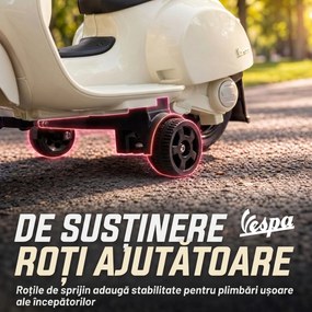 AIYAPLAY Motocicletă electrică pentru copii 1.5-3 ani mini Vespa GTS 7.2V, cu baterie litiu, spătar, roți ajutătoare, far, claxon, 2.5km/h, max. 25 Kg, alb crem | Aosom Romania