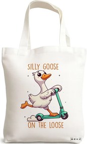 Sacosa de Panza pentru Cumparaturi, Geanta Tote, model Silly Goose 2, 38 x 34.5 cm, Alba, BEKZ®