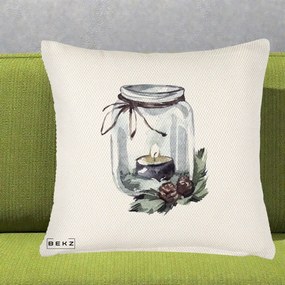 Perna Decorativa Felinar cu Lumanare si Conuri, 40x40 cm, Crem Reliefat, Husa Detasabila, Perna Inclusa, BEKZ®