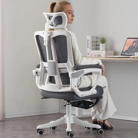 Scaun ergonomic cu suport lombar, tetieră reglabilă, suport pentru picioare, pivotant, Mesh, Alb/Gri