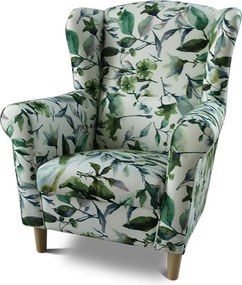 Fotoliu cu taburet, material textil model frunze verzi, ASTRID