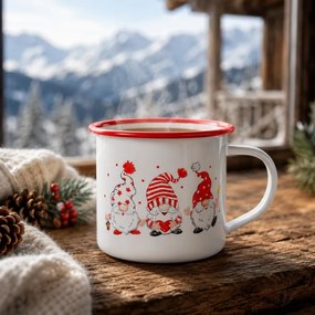 Cana emailata Rosberg R51306A9, 500 ml, 9x9 cm, Margine rotunjita, Tema Craciun, Alb/Rosu