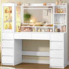 Masuta de machiaj 140 cm, cu Oglinda LED si 10 Sertare pentru Cosmetice, Set Masa toaleta Alba, masuta cosmetica, vanity cu dulapior si rafturi -
