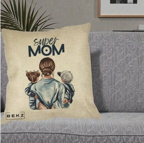 Cadou pentru Mama - Perna Personalizata Super Mom, 40x40 cm, Crem, Husa Detasabila, Perna Inclusa, BEKZ®
