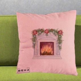 Perna Decorativa Semineu de Craciun Watercolor, 40x40 cm, Roz, Husa Detasabila, Perna Inclusa, BEKZ®