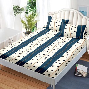 Husa de pat cu elastic si 2 fete de perna, tesatura tip finet, pat 2 persoane, crem / albastru, HBFJ-195