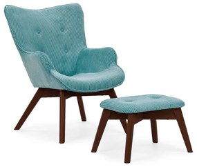 Fotoliu cu taburet turcoaz cu tapițerie din catifea reiată Niko – Ropez