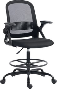 HOMCOM Scaun de Birou Ergonomic, Scaun Rotativ din Plasă, Înălțime Reglabilă și Suport pentru Picioare, Scaun de Birou cu Suport Lombar și Brațe Rabatabile, Capacitate 120kg, Negru | Aosom Romania