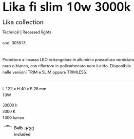 Spot dreptunghiular / Proiector LED incastrabil design slim Lika 10w 3000k negru
