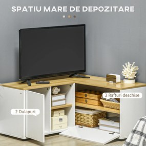 Dulap TV în formă de L pentru televizor de 40" cu 3 rafturi deschise și 2 dulapuri, din PAL, 90x90x45 cm, stejar și alb HOMCOM | Aosom RO