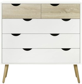HOMCOM Comodă 5 sertare design scandinav mobilier depozitare cameră placă particule 99 x 39 x 101 cm alb aspect stejar deschis | Aosom Romania