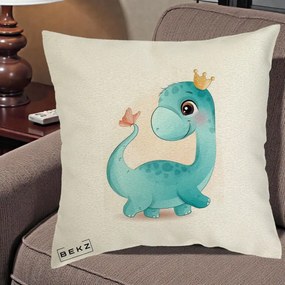 Perna Personalizata Dinozaur Bland Coroana Kawaii, 40x40 cm, Ecru, Husa Detasabila, Perna Inclusa, BEKZ®