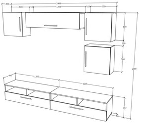 Living haaus Haga V17, Alb Lucios/Negru, MDF, L 240 cm