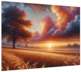 Tablou pe sticlă – Apus de soare pe câmp (70x50 cm)