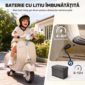 AIYAPLAY Motocicletă Electrică pentru Copii 3+ Ani, Licență VESPA, 6V, cu Roți Ajutătoare Detașabile, Max. 30 kg, Alb | Aosom Romania