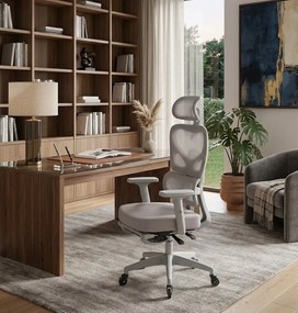 Scaun ergonomic, cotiere 3D, suport lombar adaptiv, spătar reglabil pe inaltime, tetiera 3D, suport pentru picioare, pivotant, Mesh, Gri