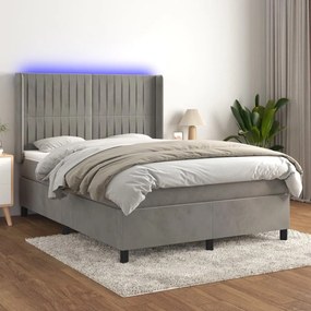 3139679 vidaXL Pat continental cu saltea și LED gri deschis 140x190 cm catifea