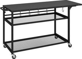 Outsunny Măsuță de grădină cărucior de grătar pe roți cu Blat Lateral Pliabil, Trei Rafturi, 133 x 48,5 x 82 cm, Negru | Aosom Romania