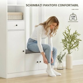 HOMCOM Cuier 180 cm cu Bancă pentru Pantofi, Soluție 4-în-1 cu Raft Reglabil, 4 Agățători și Compartimente Deschise, pentru Hol sau Living, Alb | Aosom Romania