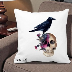 Perna Decorativa Craniu cu Corb si Flori Gothic, 40x40 cm, Alba Mata, Husa Detasabila, Perna Inclusa, BEKZ®