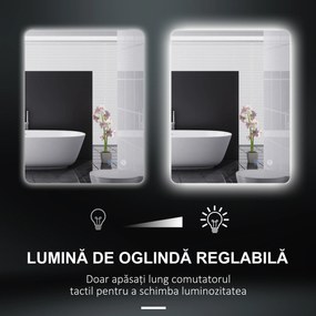 kleankin Oglindă de Baie cu Lumină LED, 3 Culori, Întrerupătoare Touch și Luminozitate Reglabilă, 70x50x3 cm, Transparent | Aosom Romania