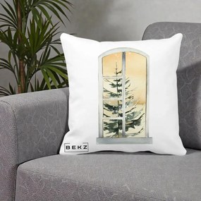 Perna Decorativa Fereastra cu Brad de Iarna, 40x40 cm, Alba Mata, Husa Detasabila, Perna Inclusa, BEKZ®
