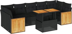 vidaXL Set mobilier grădină perne 8 piese negru, poliratan/lemn acacia