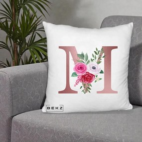 Cadou Personalizat - Perna Personalizata Monograma Rose Gold Litera M cu Trandafiri, 40x40 cm, Alb Pufos, Husa Detasabila, Perna Inclusa, BEKZ®