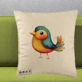 Perna Decorativa Pasare Folk Art Portocalie-Teal, 40x40 cm, Bej, Husa Detasabila, Perna Inclusa, BEKZ®