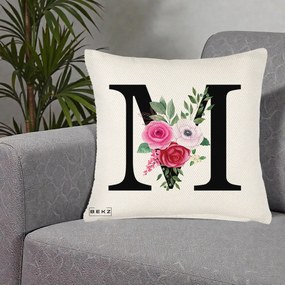 Cadou Personalizat - Perna Personalizata Monograma Florala Litera M cu Trandafiri si Anemona, 40x40 cm, Crem Reliefat, Husa Detasabila, Perna Inclusa, BEKZ®